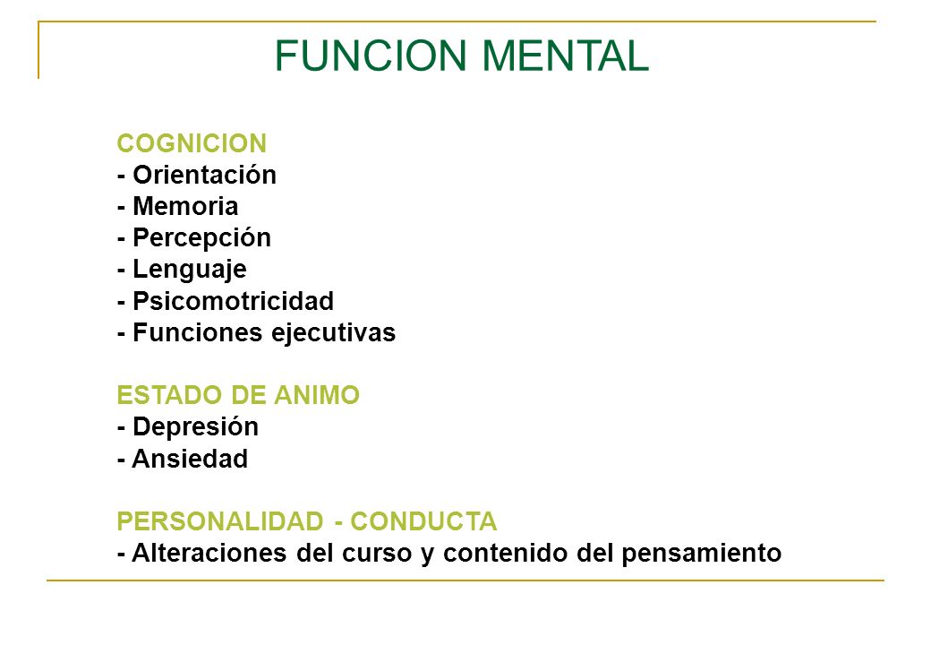 FUNCION MENTAL COGNICION - Orientación - Memoria - Percepción
