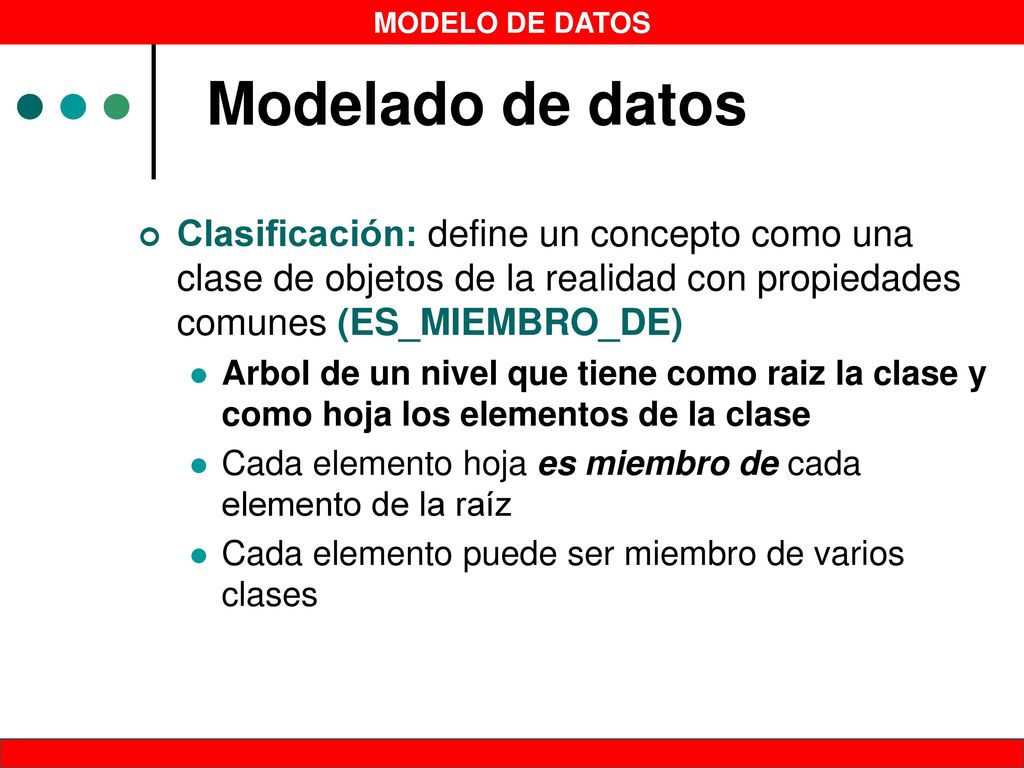 Modelado de datos Clasificación: define un concepto como una clase de objetos de la realidad con propiedades comunes (ES_MIEMBRO_DE)