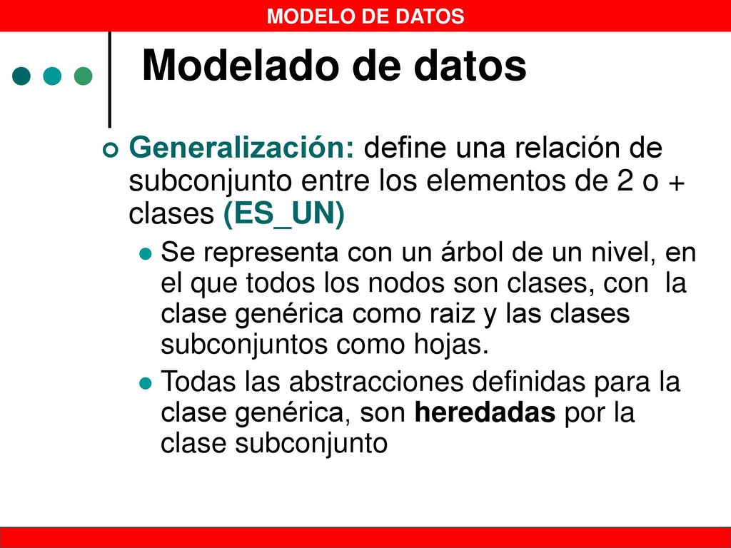 Modelado de datos Generalización: define una relación de subconjunto entre los elementos de 2 o + clases (ES_UN)