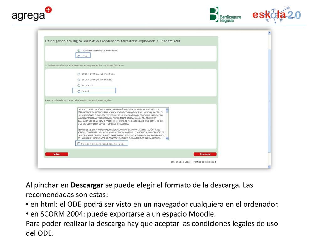 Al pinchar en Descargar se puede elegir el formato de la descarga