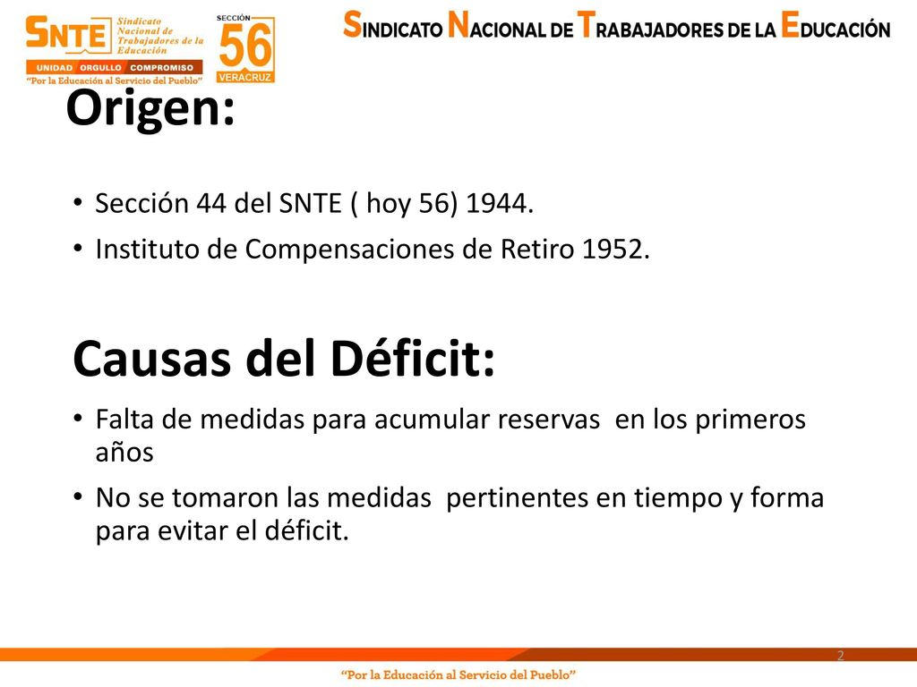 Origen: Causas del Déficit: Sección 44 del SNTE ( hoy 56) 1944.