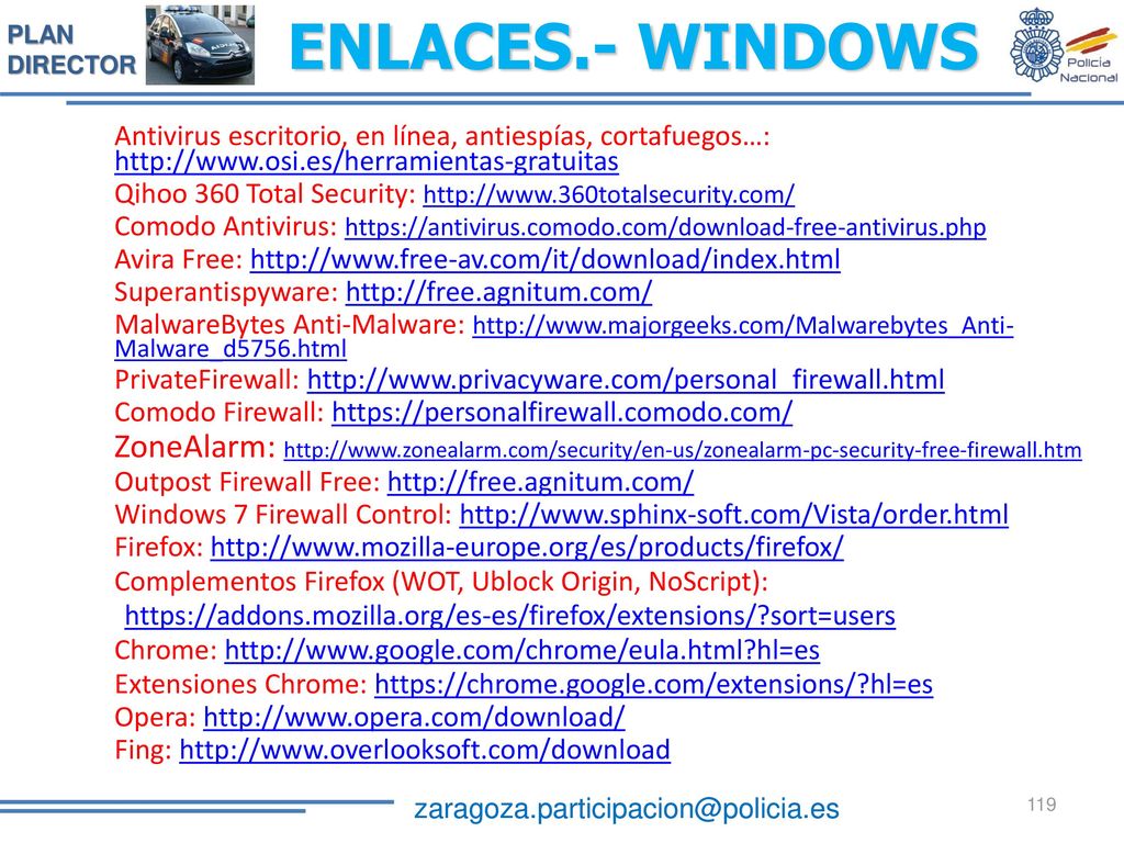 ENLACES.- WINDOWS Antivirus escritorio, en línea, antiespías, cortafuegos…:
