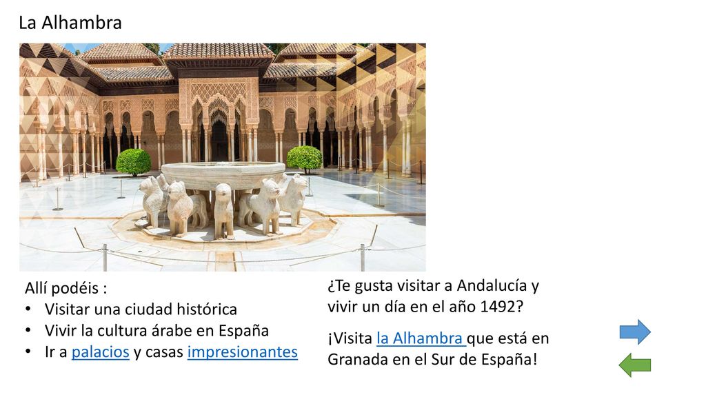 La Alhambra Allí podéis : Visitar una ciudad histórica. Vivir la cultura árabe en España. Ir a palacios y casas impresionantes.
