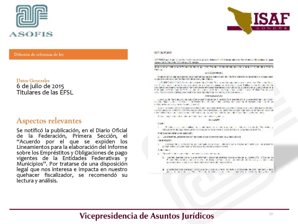 Aspectos relevantes 6 de julio de 2015 Titulares de las EFSL