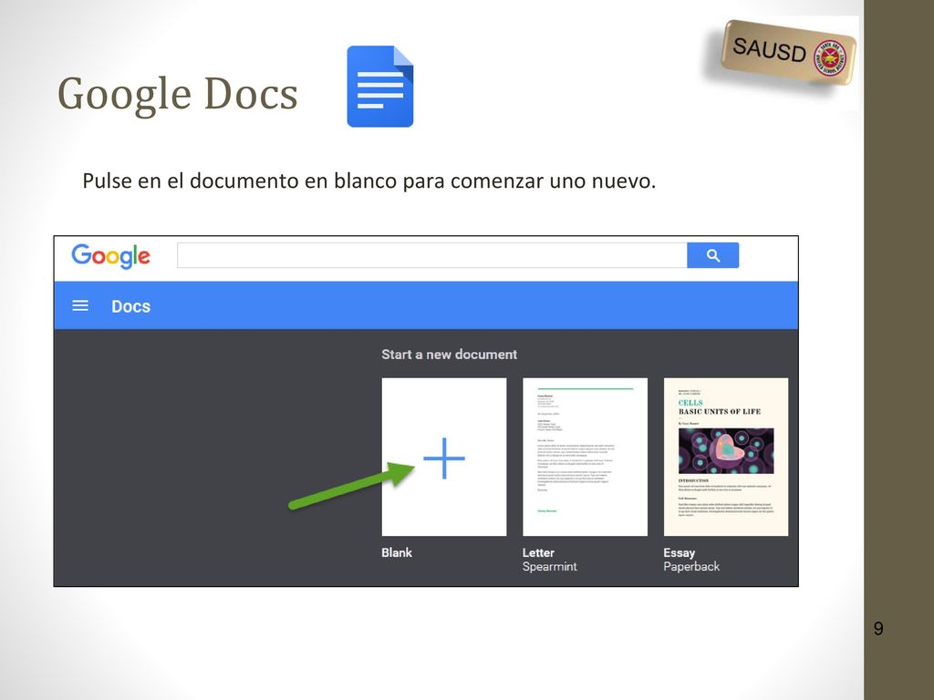Google Docs Pulse en el documento en blanco para comenzar uno nuevo.