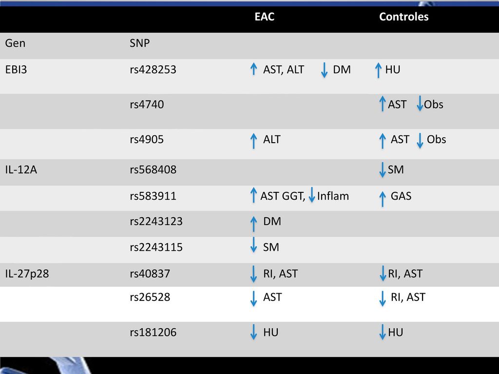 EAC Controles. Gen. SNP. EBI3. rs AST, ALT DM. HU. rs4740. AST Obs. rs4905.