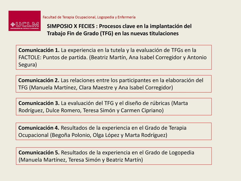 Comunicación 1. La experiencia en la tutela y la evaluación de TFGs en la FACTOLE: Puntos de partida. (Beatriz Martín, Ana Isabel Corregidor y Antonio Segura)