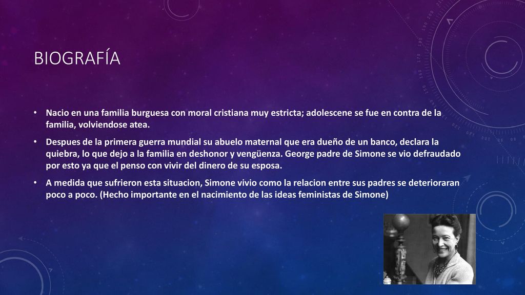 Biografía Nacio en una familia burguesa con moral cristiana muy estricta; adolescene se fue en contra de la familia, volviendose atea.