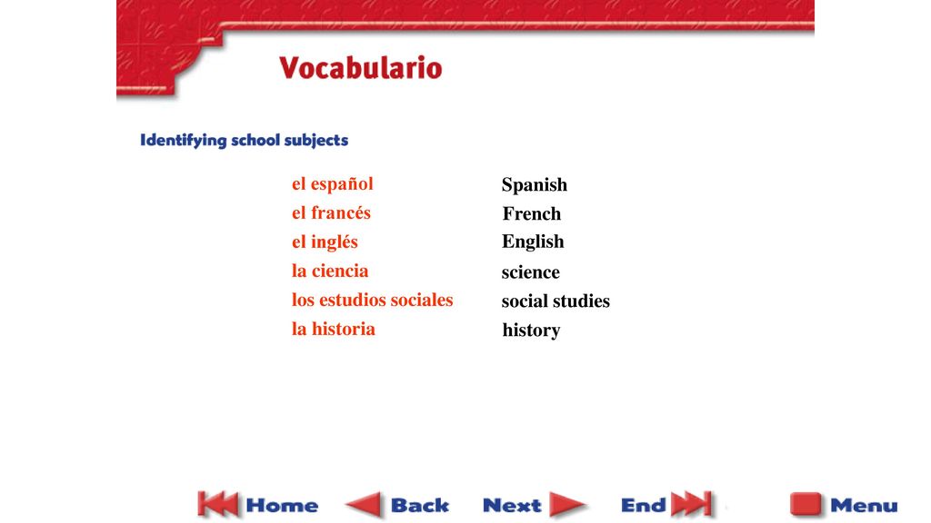 el español el francés. el inglés. la ciencia. los estudios sociales. la historia. Spanish. French.