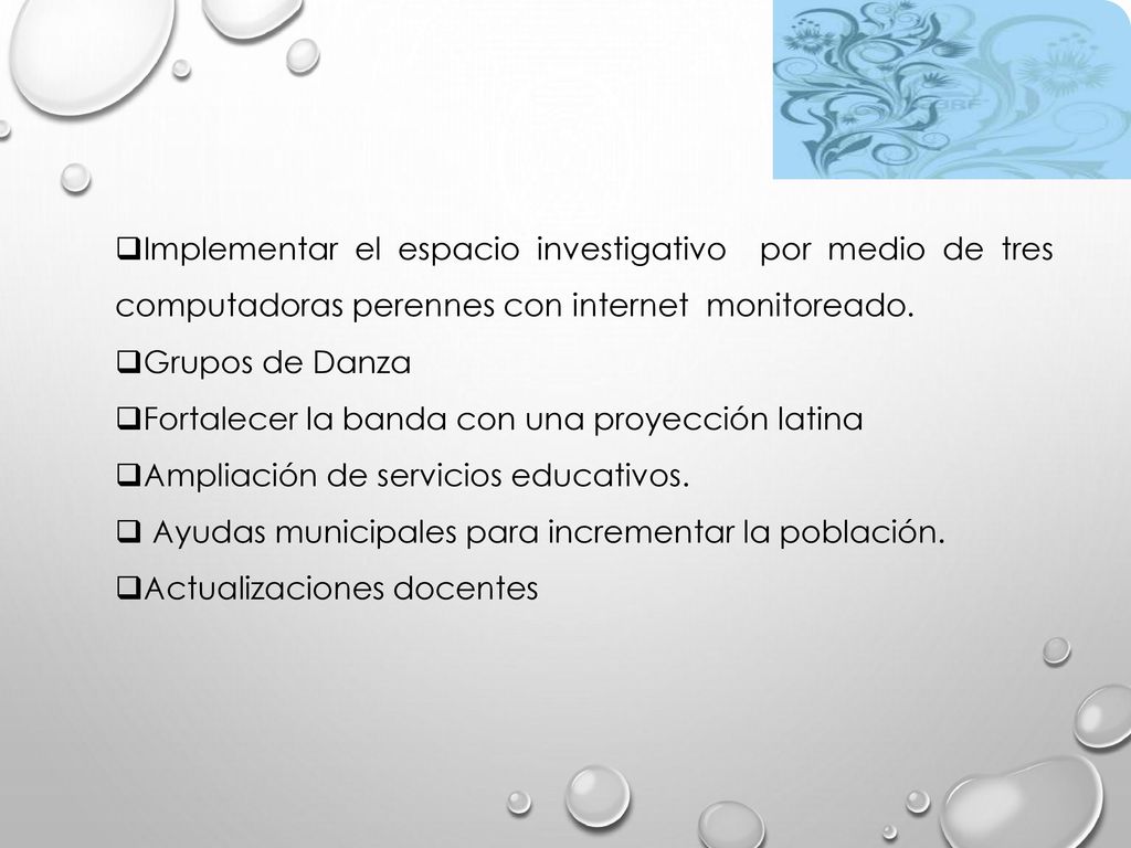 Implementar el espacio investigativo por medio de tres computadoras perennes con internet monitoreado.