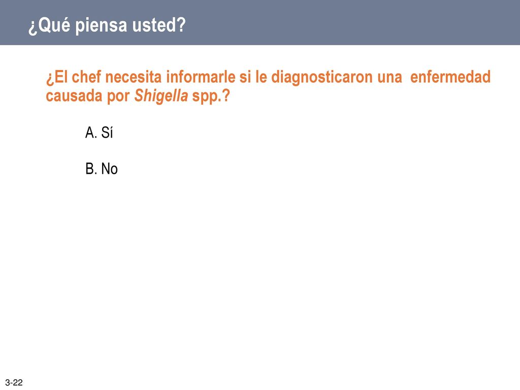 ¿Qué piensa usted ¿El chef necesita informarle si le diagnosticaron una enfermedad causada por Shigella spp.