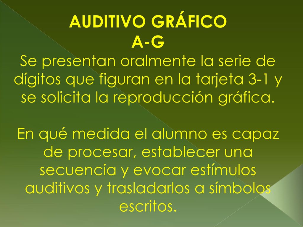 AUDITIVO GRÁFICO A-G Se presentan oralmente la serie de dígitos que figuran en la tarjeta 3-1 y se solicita la reproducción gráfica.