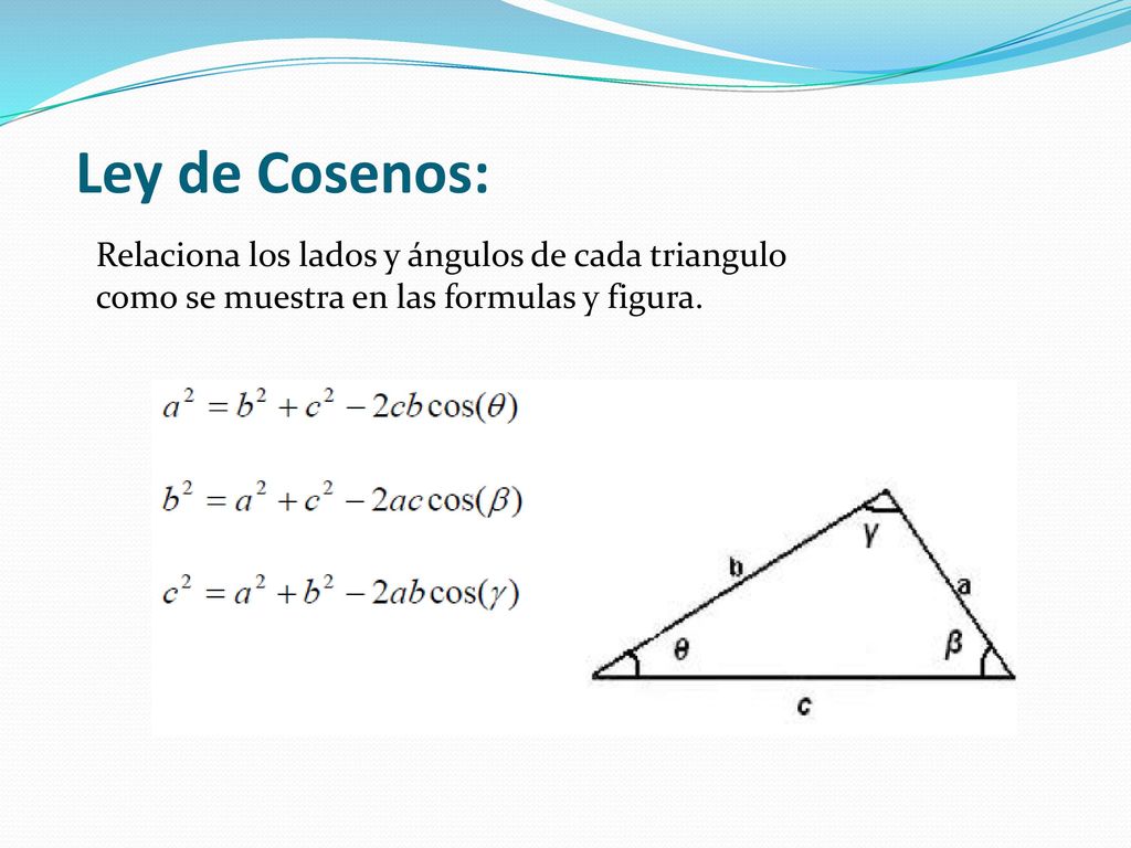 Ley de Cosenos: Relaciona los lados y ángulos de cada triangulo como se muestra en las formulas y figura.