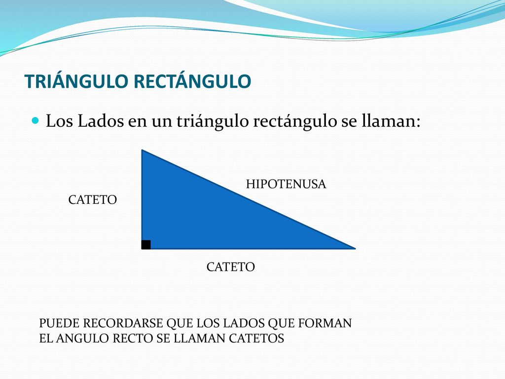 TRIÁNGULO RECTÁNGULO Los Lados en un triángulo rectángulo se llaman: