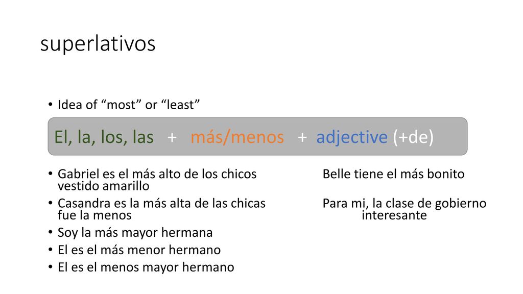 superlativos El, la, los, las + más/menos + adjective (+de)