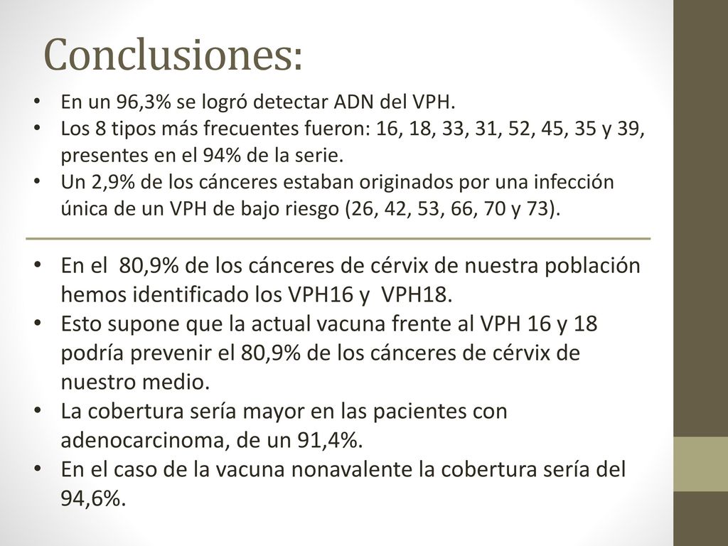 Conclusiones: En un 96,3% se logró detectar ADN del VPH.