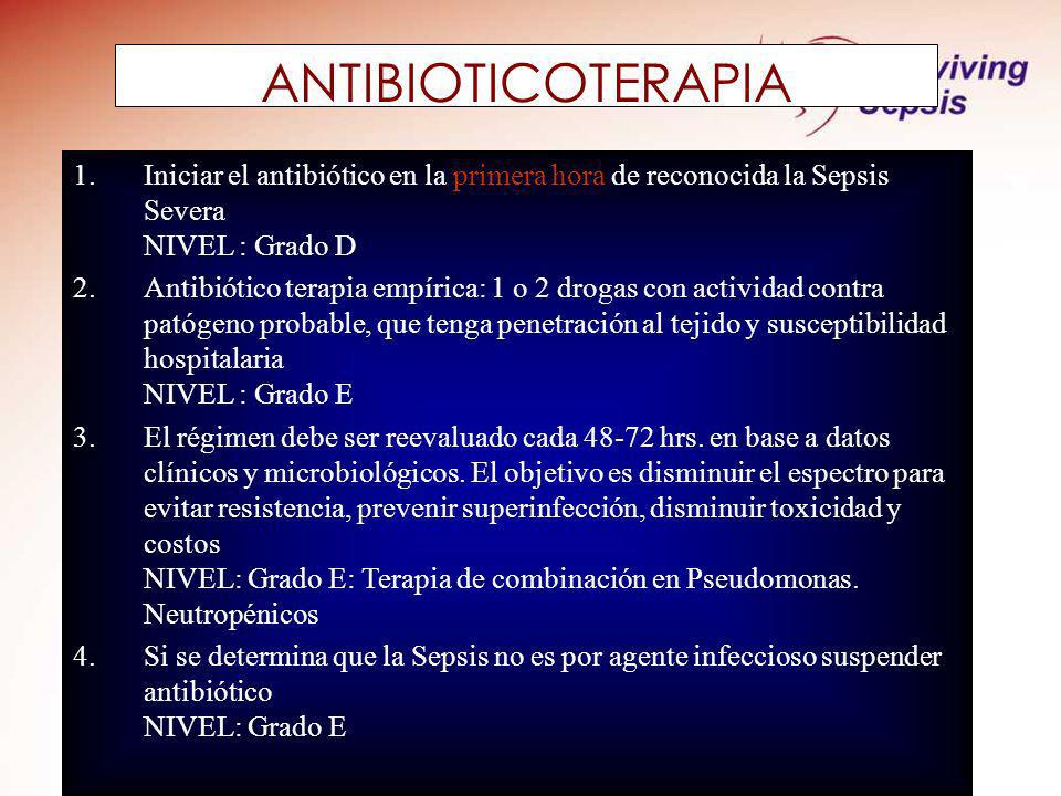 ANTIBIOTICOTERAPIA Iniciar el antibiótico en la primera hora de reconocida la Sepsis Severa NIVEL : Grado D.