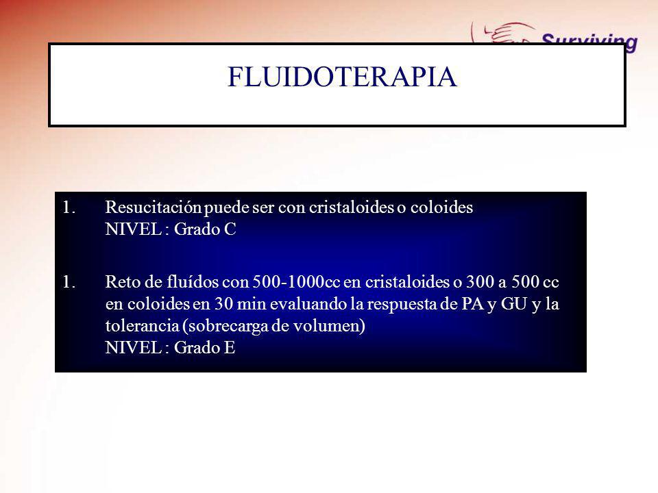 FLUIDOTERAPIA Resucitación puede ser con cristaloides o coloides NIVEL : Grado C.
