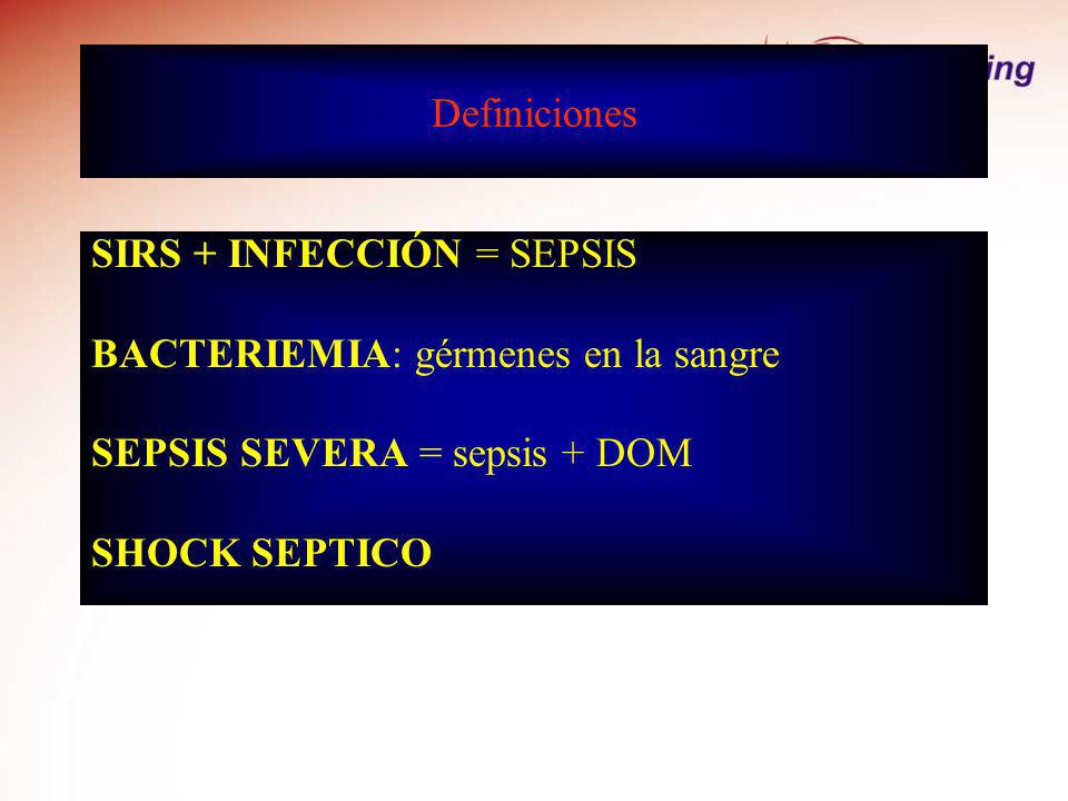 Definiciones SIRS + INFECCIÓN = SEPSIS. BACTERIEMIA: gérmenes en la sangre. SEPSIS SEVERA = sepsis + DOM.