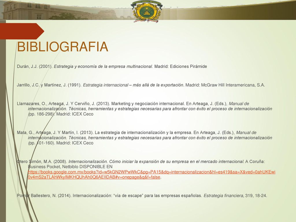 BIBLIOGRAFIA Durán, J.J. (2001). Estrategia y economía de la empresa multinacional. Madrid: Ediciones Pirámide.