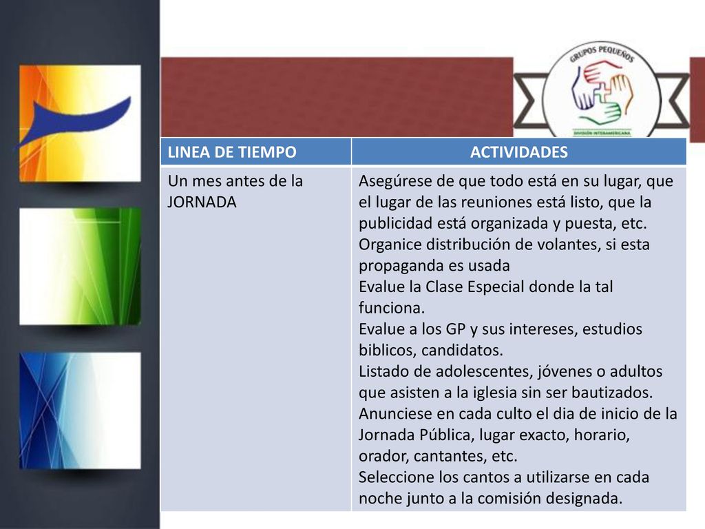 LINEA DE TIEMPO ACTIVIDADES. Un mes antes de la JORNADA.