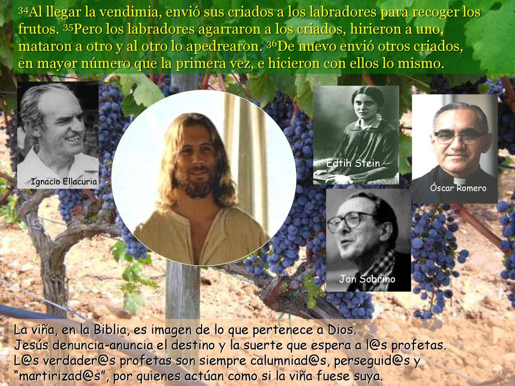 34Al llegar la vendimia, envió sus criados a los labradores para recoger los frutos. 35Pero los labradores agarraron a los criados, hirieron a uno, mataron a otro y al otro lo apedrearon. 36De nuevo envió otros criados, en mayor número que la primera vez, e hicieron con ellos lo mismo.