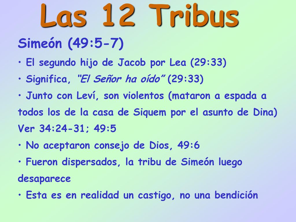 Las 12 Tribus Simeón (49:5-7) El segundo hijo de Jacob por Lea (29:33)