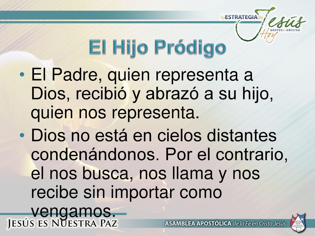El Hijo Pródigo El Padre, quien representa a Dios, recibió y abrazó a su hijo, quien nos representa.