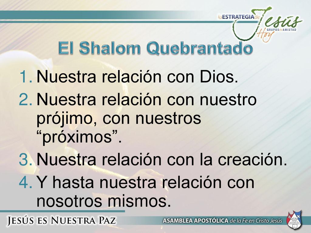El Shalom Quebrantado Nuestra relación con Dios. Nuestra relación con nuestro prójimo, con nuestros próximos .