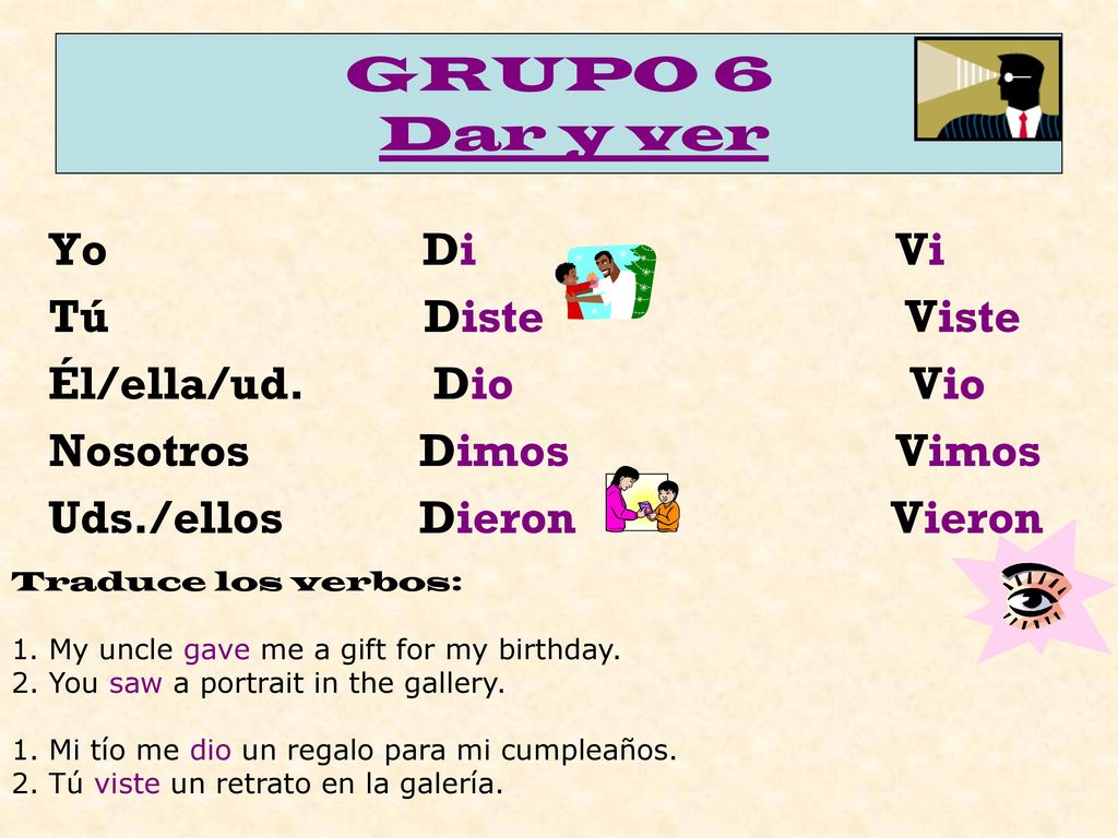 GRUPO 6 Dar y ver Yo Di Vi Tú Diste Viste Él/ella/ud. Dio Vio