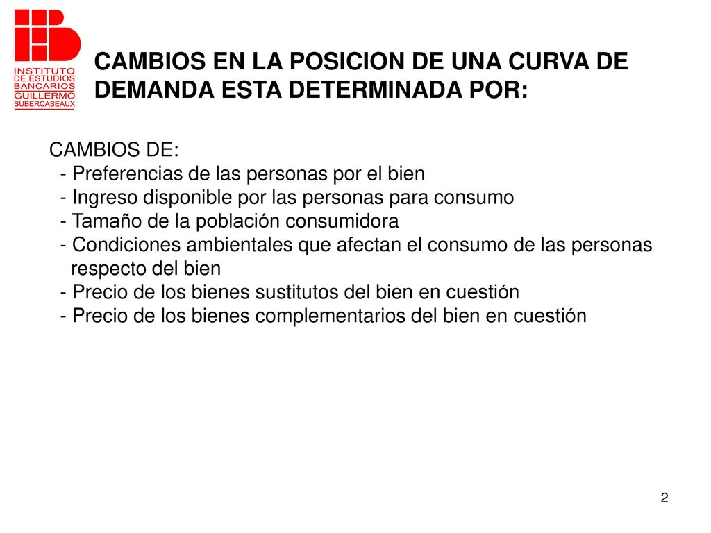 CAMBIOS EN LA POSICION DE UNA CURVA DE DEMANDA ESTA DETERMINADA POR: