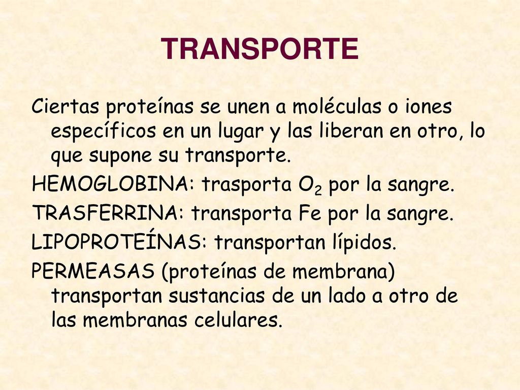 TRANSPORTE Ciertas proteínas se unen a moléculas o iones específicos en un lugar y las liberan en otro, lo que supone su transporte.