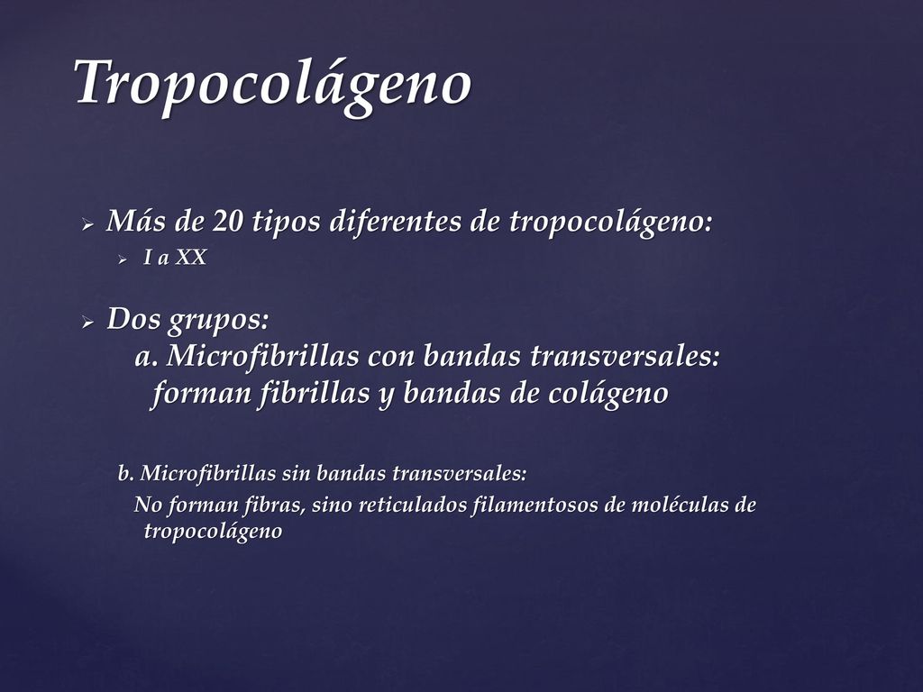 Tropocolágeno Más de 20 tipos diferentes de tropocolágeno: