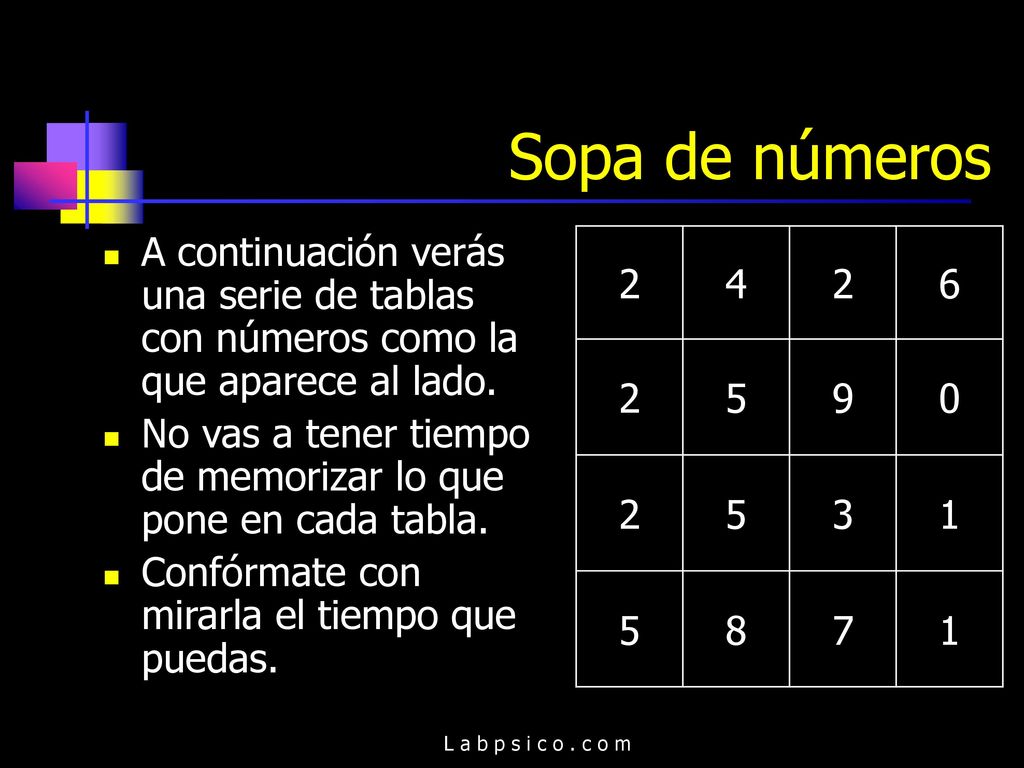 Sopa de números A continuación verás una serie de tablas con números como la que aparece al lado.