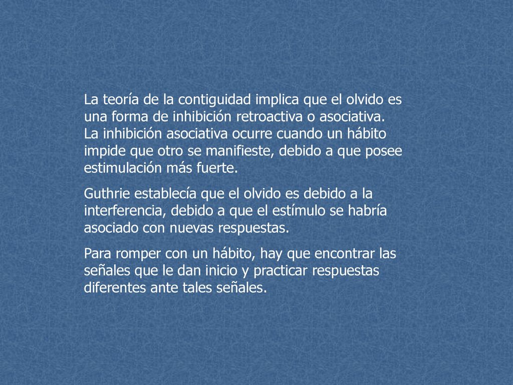 La teoría de la contiguidad implica que el olvido es una forma de inhibición retroactiva o asociativa. La inhibición asociativa ocurre cuando un hábito impide que otro se manifieste, debido a que posee estimulación más fuerte.