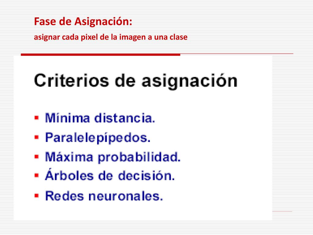 Fase de Asignación: asignar cada pixel de la imagen a una clase