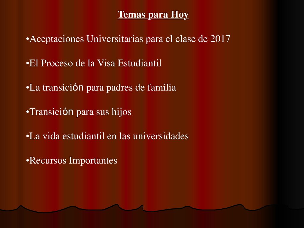 Temas para Hoy Aceptaciones Universitarias para el clase de El Proceso de la Visa Estudiantil.