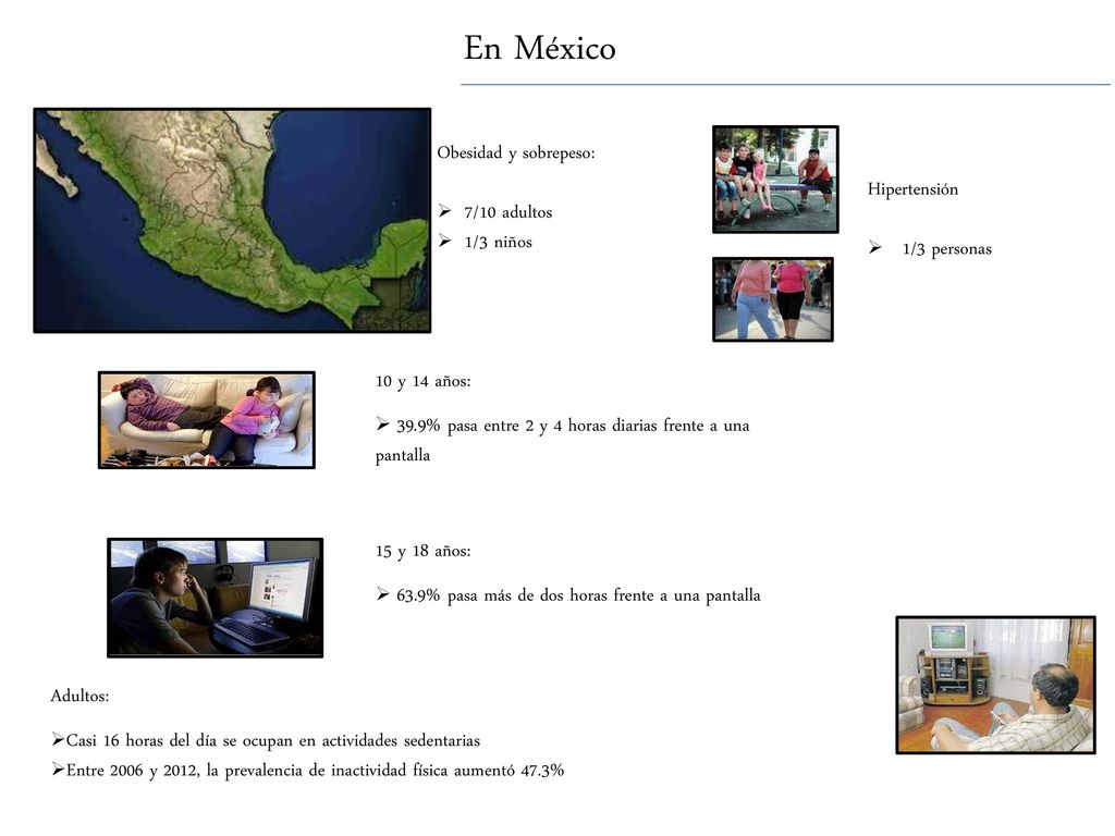 En México Obesidad y sobrepeso: 7/10 adultos Hipertensión 1/3 niños