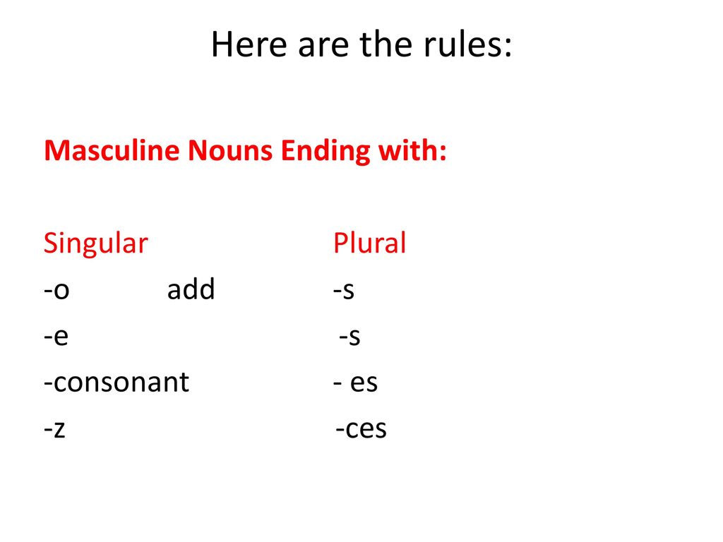 Here are the rules: Masculine Nouns Ending with: Singular Plural -o add -s -e -s -consonant - es -z -ces