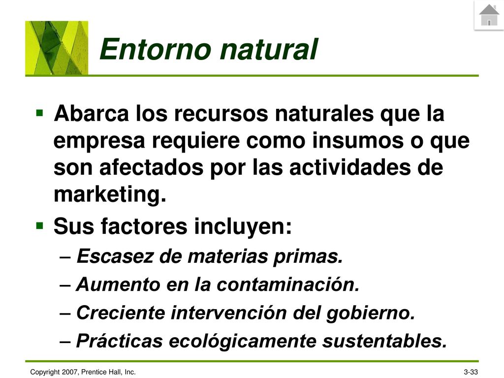 12/23/2017 Entorno natural. Abarca los recursos naturales que la empresa requiere como insumos o que son afectados por las actividades de marketing.