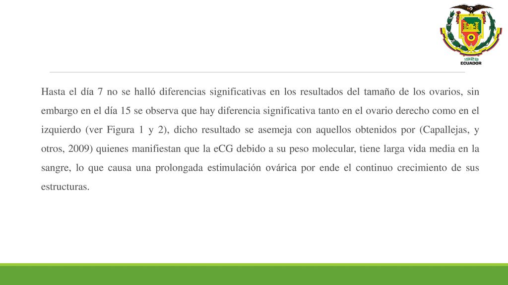 Hasta el día 7 no se halló diferencias significativas en los resultados del tamaño de los ovarios, sin embargo en el día 15 se observa que hay diferencia significativa tanto en el ovario derecho como en el izquierdo (ver Figura 1 y 2), dicho resultado se asemeja con aquellos obtenidos por (Capallejas, y otros, 2009) quienes manifiestan que la eCG debido a su peso molecular, tiene larga vida media en la sangre, lo que causa una prolongada estimulación ovárica por ende el continuo crecimiento de sus estructuras.