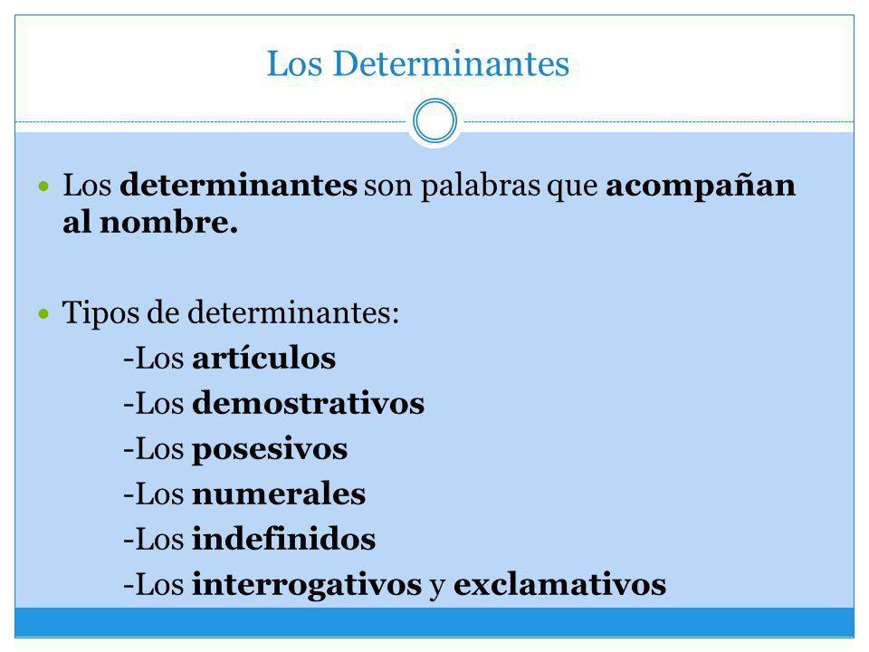 Los Determinantes Los determinantes son palabras que acompañan al nombre. Tipos de determinantes: -Los artículos.
