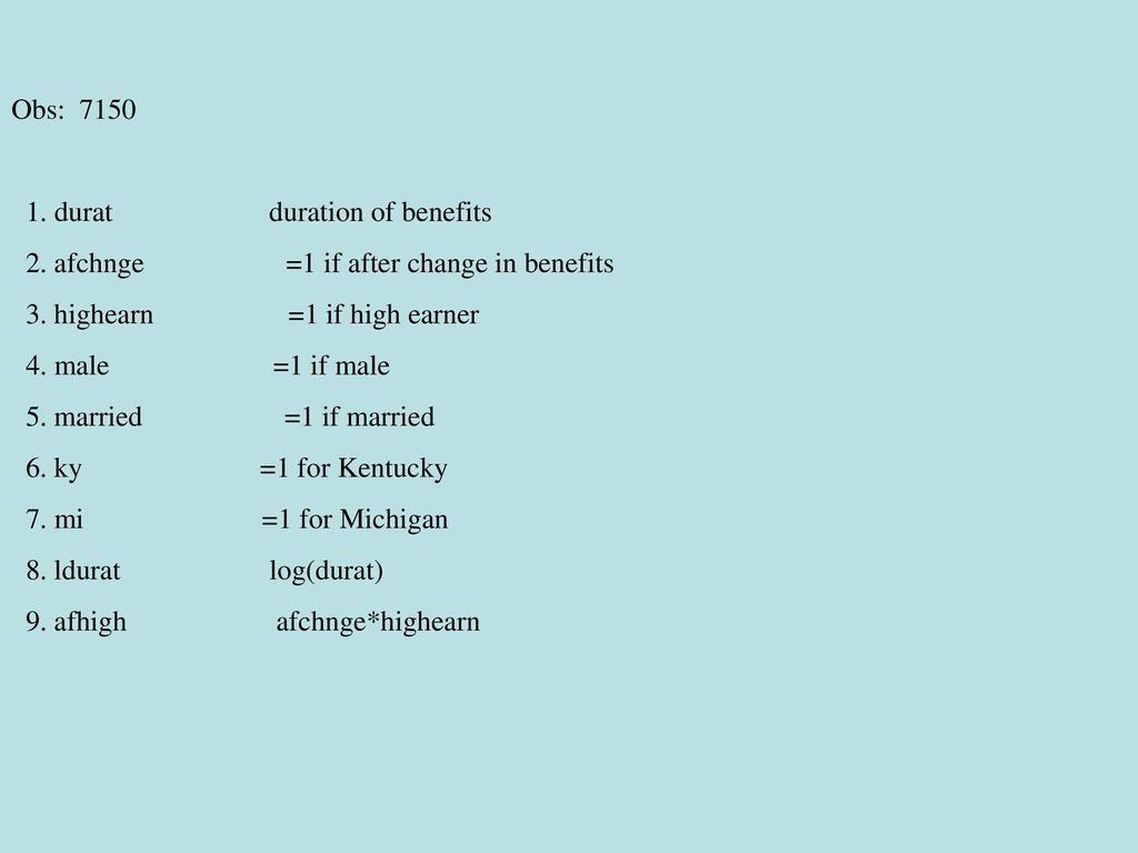 Obs: durat duration of benefits. 2. afchnge =1 if after change in benefits.