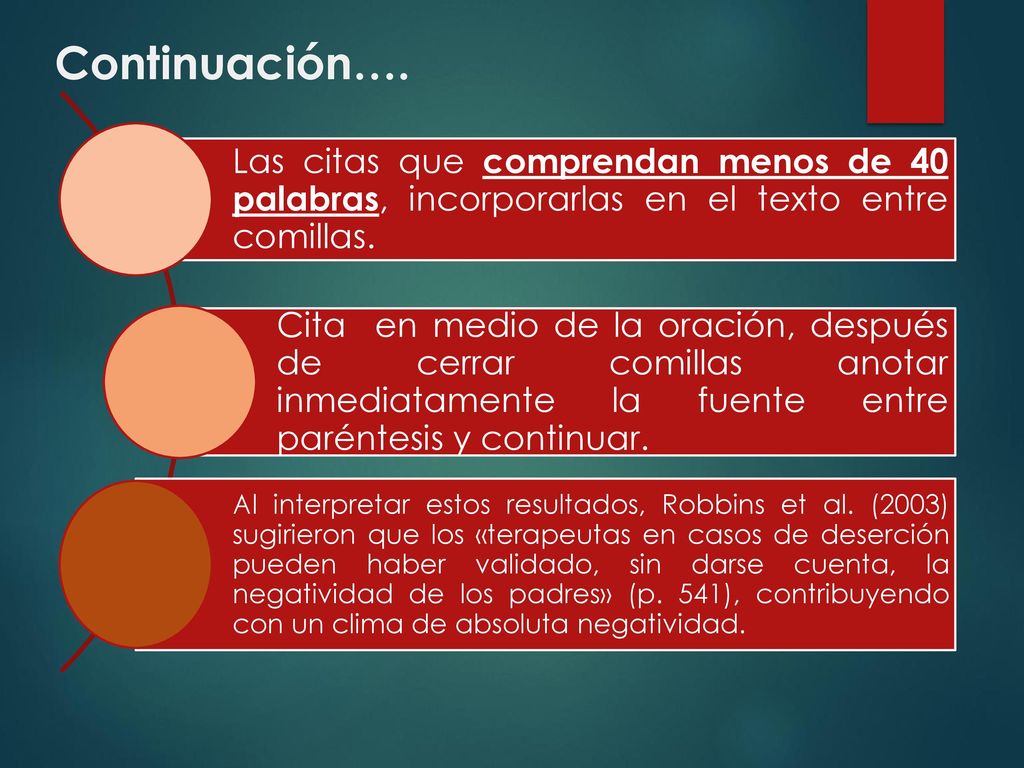 Continuación…. Las citas que comprendan menos de 40 palabras, incorporarlas en el texto entre comillas.