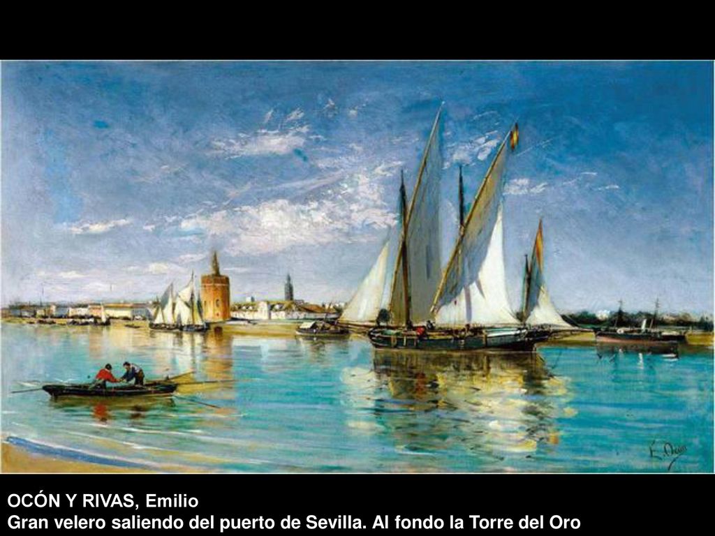 OCÓN Y RIVAS, Emilio Gran velero saliendo del puerto de Sevilla. Al fondo la Torre del Oro