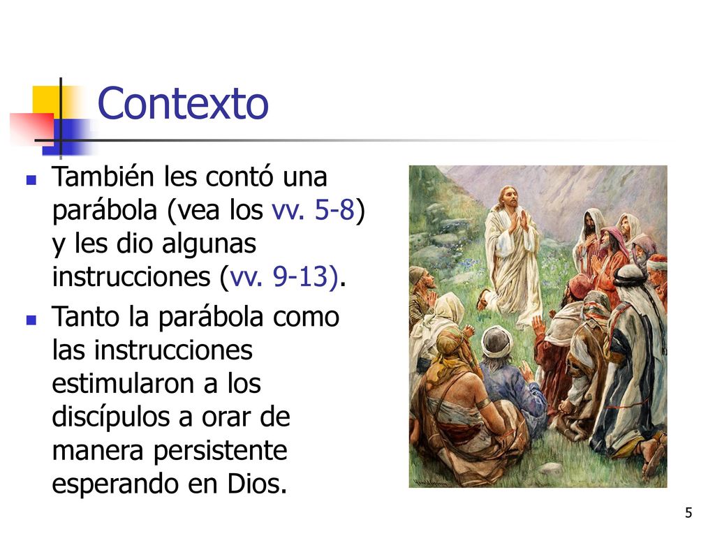 Contexto También les contó una parábola (vea los vv. 5-8) y les dio algunas instrucciones (vv. 9-13).