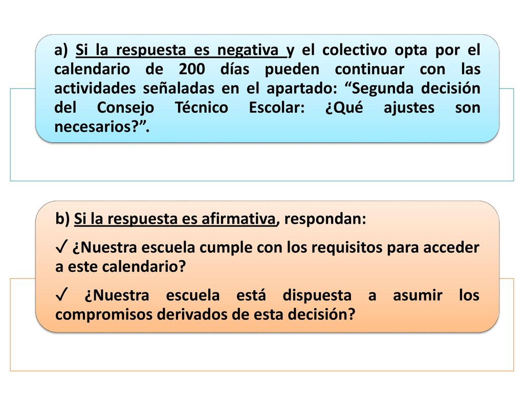 a) Si la respuesta es negativa y el colectivo opta por el calendario de 200 días pueden continuar con las actividades señaladas en el apartado: Segunda decisión del Consejo Técnico Escolar: ¿Qué ajustes son necesarios .