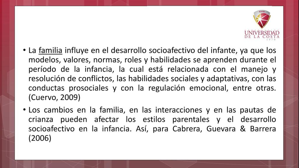 La familia influye en el desarrollo socioafectivo del infante, ya que los modelos, valores, normas, roles y habilidades se aprenden durante el período de la infancia, la cual está relacionada con el manejo y resolución de conflictos, las habilidades sociales y adaptativas, con las conductas prosociales y con la regulación emocional, entre otras. (Cuervo, 2009)