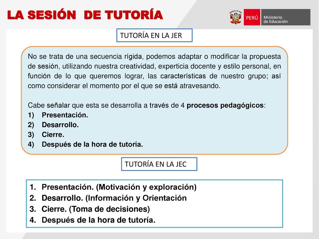 LA SESIÓN DE TUTORÍA TUTORÍA EN LA JER TUTORÍA EN LA JEC