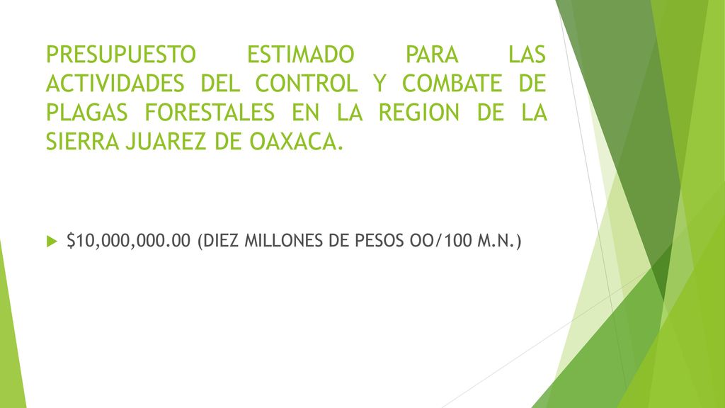 PRESUPUESTO ESTIMADO PARA LAS ACTIVIDADES DEL CONTROL Y COMBATE DE PLAGAS FORESTALES EN LA REGION DE LA SIERRA JUAREZ DE OAXACA.